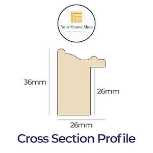 Puede incluir: Perfil de secci&oacute;n transversal de un marco de imagen con una medida de 36 mm por 26 mm. El marco es de color beige claro.