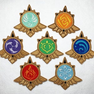 May include: Seven embroidered patches with different designs. Each patch is gold with a different colored design in the center. The designs include a heart, a snowflake, a flame, a wave, a swirl, a spiral, and a three-leaf clover.