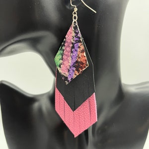 Three-layer pink/black/multi color fringe earrings genuine lightweight leather, statement earrings, precisely cut three-layer earrings.
