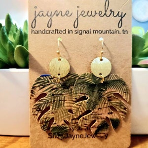 Raw Brass and Palm Print Cork Earrings