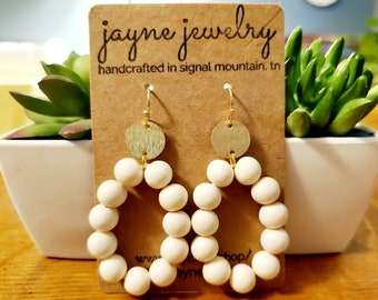 Bleached White Polished Wood and Raw Brass Earrings