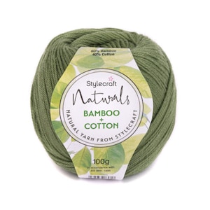 May include: A ball of green yarn labelled "Stylecraft Naturals Bamboo + Cotton" with a 60% bamboo and 40% cotton blend. The label also states "Natural Yarn From Stylecraft" and "100g".