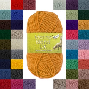 May include: A ball of orange superwash wool yarn labelled "Merino Blend DK" with a small alpaca and sheep illustration. The yarn is part of a collection of 36 colours.