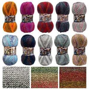May include: Ten balls of multi-coloured yarn in shades of orange, purple, red, teal, grey, and brown. Each ball is wrapped with a label. Three knitted fabric swatches are shown at the bottom, displaying the texture of the yarn.