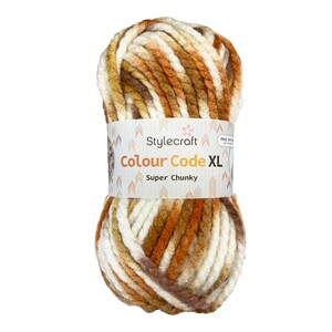May include: A ball of Stylecraft Colour Code XL Super Chunky yarn in a multi-coloured pattern of brown, orange, and white.