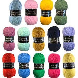 May include: Fifteen balls of Woolcraft New Fashion Chunky yarn in a variety of colours, including blue, pink, yellow, green, purple, and red. Each ball is wrapped with a black and white label. Suitable for knitting and crochet projects.