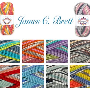 May include: A collection of ten balls of yarn in various colour combinations, each ball featuring a striped pattern with different shades of grey, blue, red, orange, yellow, and green. The yarn is labelled "James C. Brett Playground".