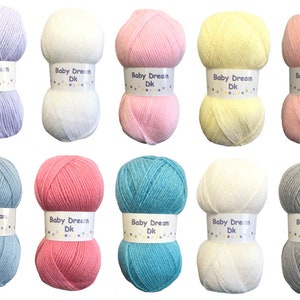 May include: Ten balls of Baby Dream DK yarn in a variety of colours, including lavender, white, pink, yellow, blue, and grey.