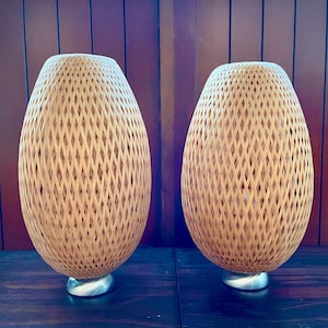 Vintage IKEA BÖJA Table Lamp: Hand Woven Bamboo Bohemian Bedside Light