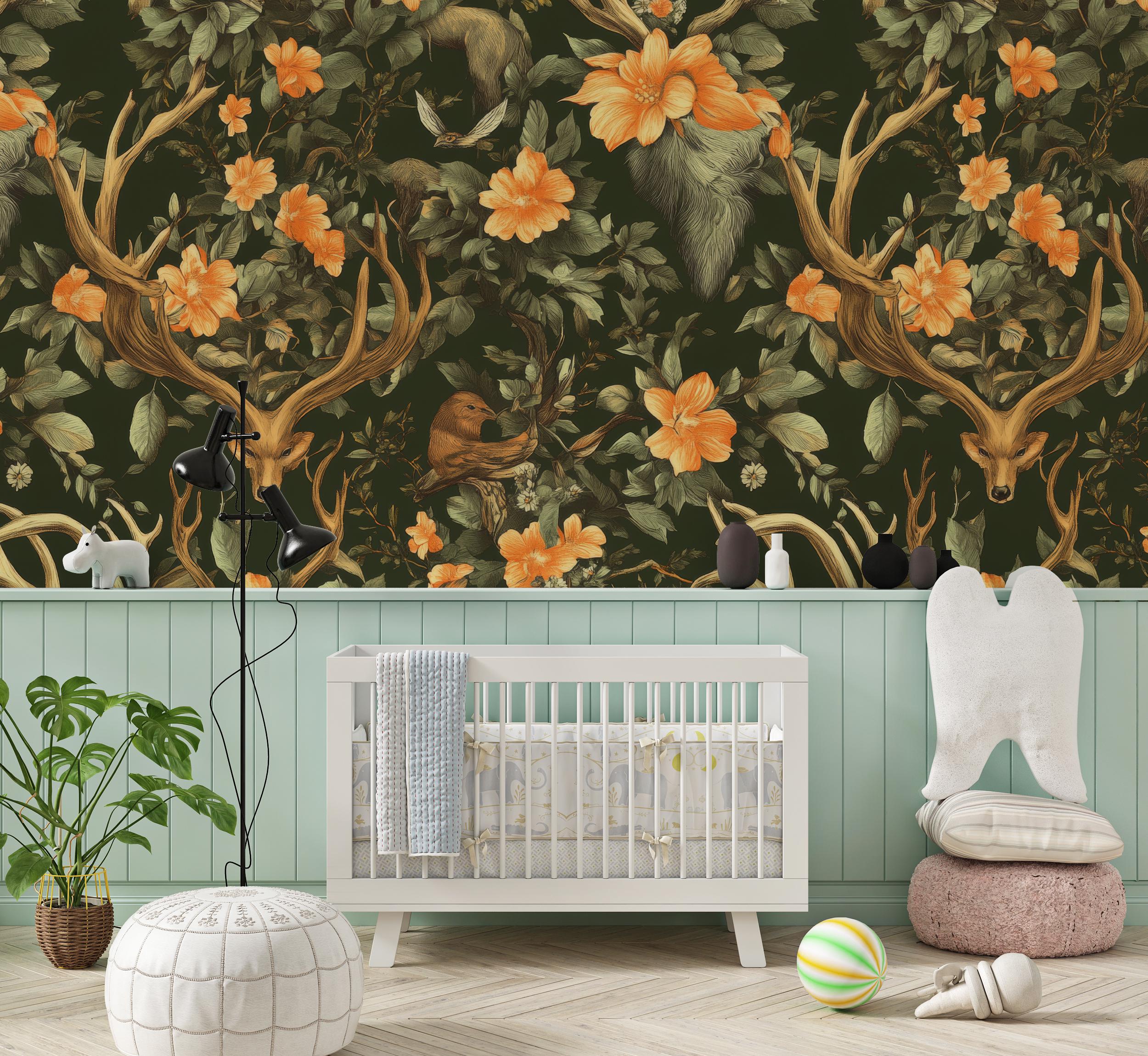 Woodland Nursery Wallpaper, Deer Forest Floral Peel and Stick Wall ...