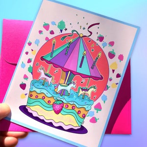 Carte de souhaits unique et magique : feuille d'autocollants à l'intérieur ! Carrousel de Licornes.