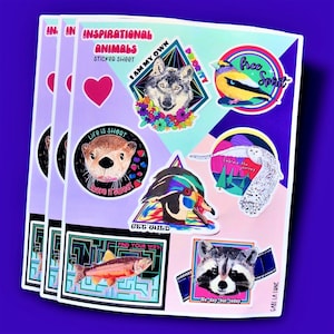 Feuille d'autocollants de 7 animaux inspirants. Vinyle brillant.