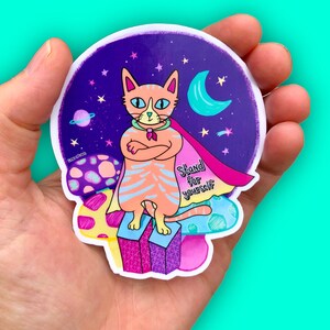 Bonita pegatina de vinilo de gato espacial: ¡defiéndete! Pegatina de gato realizada en vinilo.