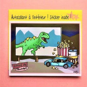 Carte de souhaits spéciale pour un être spécial: autocollant à l'intérieur ! Dinosaure et ciné-parc.