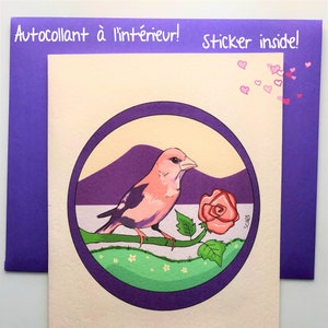 Carte de souhaits spéciale pour un être spécial: autocollant à l'intérieur ! Oiseau rose.