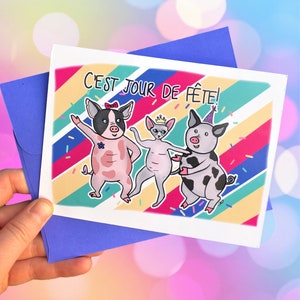Carte de voeux ''pas comme les autres'' avec autocollants à l'intérieur! Chats et cochons festifs.