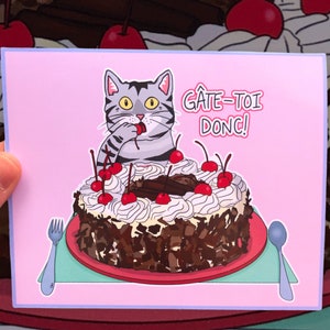 Carte de voeux ''pas comme les autres'' avec autocollants à l'intérieur! Chat et gâteau.