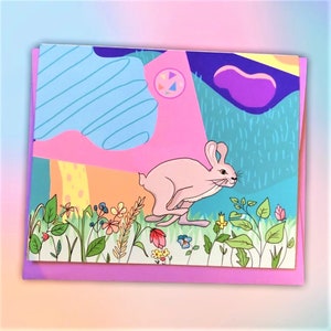 Carte de souhaits spéciale pour un être spécial ! Unique greeting card for a unique being (autocollants à l'intérieur). Lapin coloré.