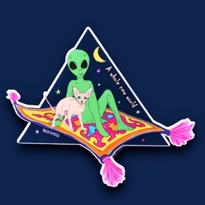 A whole new world. Sphynx cat and Alien vinyl sticker. English-Français.