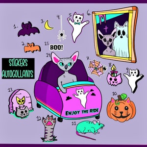 Enjoy the ride. Halloween sticker sheet. Maison hantée. Feuille d'autocollants d'Halloween. Dessinée à la main. Sphynx cat.