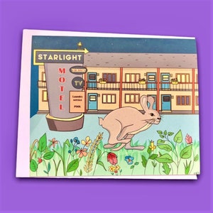 Greeting card with stickers inside. Carte de souhaits avec autocollant à l’intérieur!  Lapin et motel.
