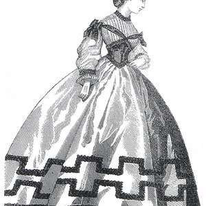 May include: A black and white illustration of a woman wearing a long, full-skirted dress with a patterned bodice and a decorative trim around the hem. The dress is labelled "Dinner Dress".