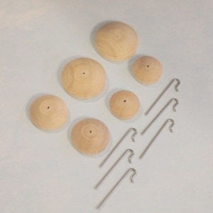 6 wooden Neck Buttons & hooks for stringing antique doll