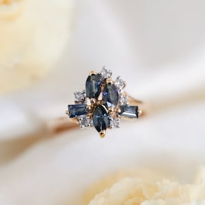 Vintage Blue Sapphire and Diamond Organza Ring 14K Yellow Gold Statement Ring Floral Design Band