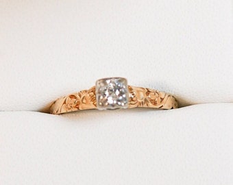 Antique Diamond Heart Top Ring 14K Yellow Gold Engagement Ring Hand Carved Detailed Ring