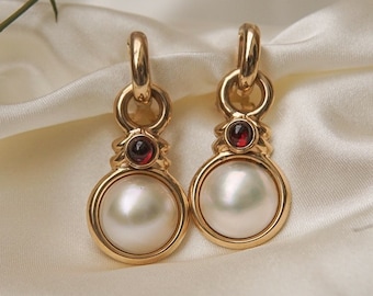 Vintage Mabe Pearl Dangle Earrings with Garnet Cabochon Gems