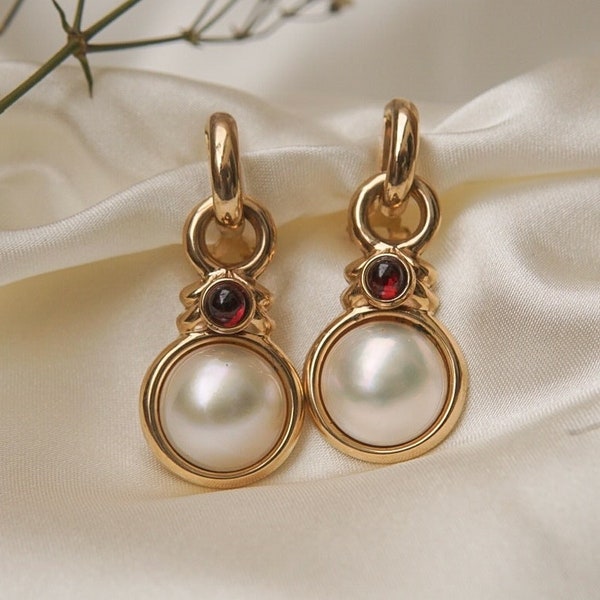 Vintage Mabe Pearl Dangle Earrings with Garnet Cabochon Gems