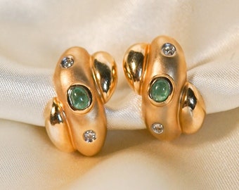 Estate Emerald Diamond Puffy Crossed Earrings