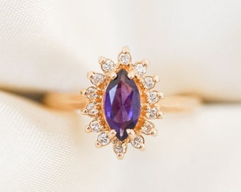 Vintage Marquise Amethyst and Diamond Burst Ring