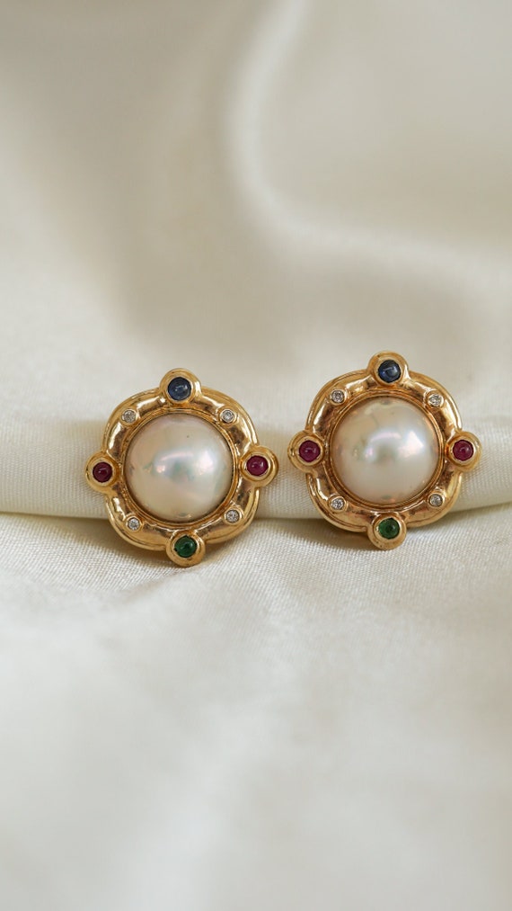 Estate Mabe Pearl and Cabo Gem Earrings