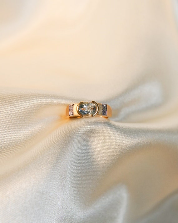 Vintage Aqua Topaz Signet Diamond Ring - image 1