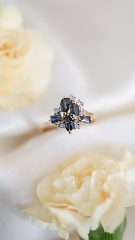 Vintage Blue Sapphire and Diamond Organza Ring 14K
