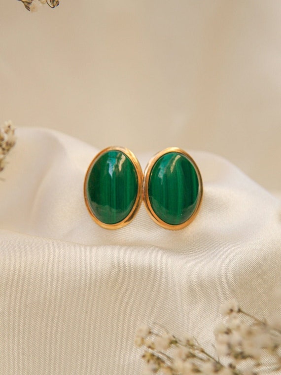 Antique Estate Malachite Beveled Frame Earrings in