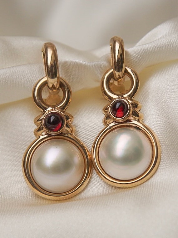 Vintage Mabe Pearl Dangle Earrings with Garnet Ca… - image 2
