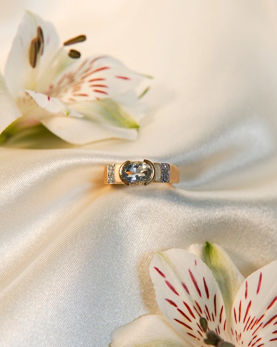 Vintage Aqua Topaz Signet Diamond Ring - image 3