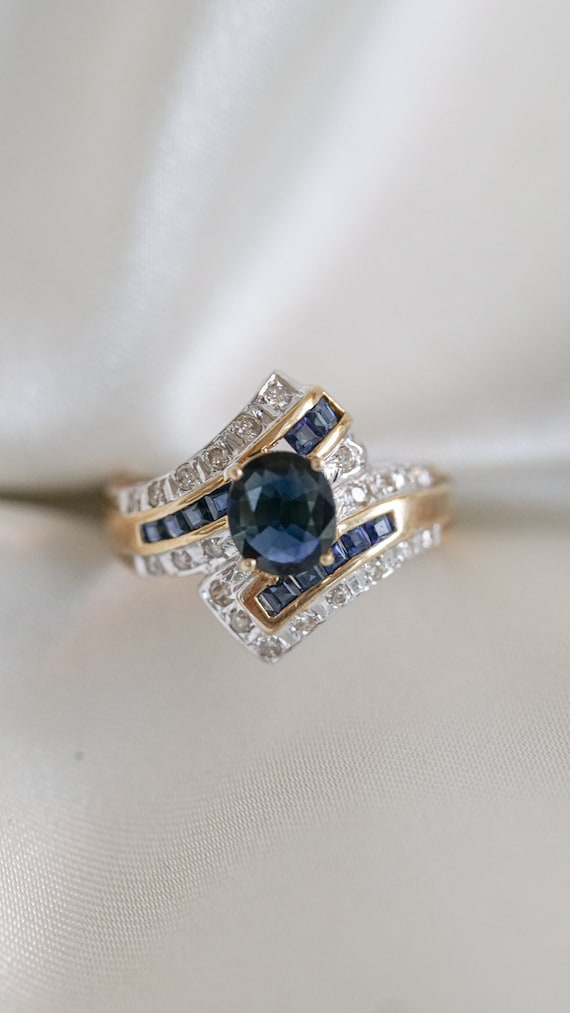 Vintage Blue Sapphire and Diamond Quilt Ring