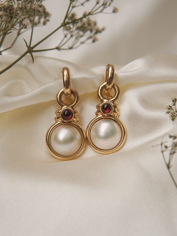 Vintage Mabe Pearl Dangle Earrings with Garnet Ca… - image 1