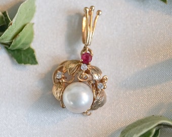 Vintage Ruby Crowned Pearl and Diamond Pendant