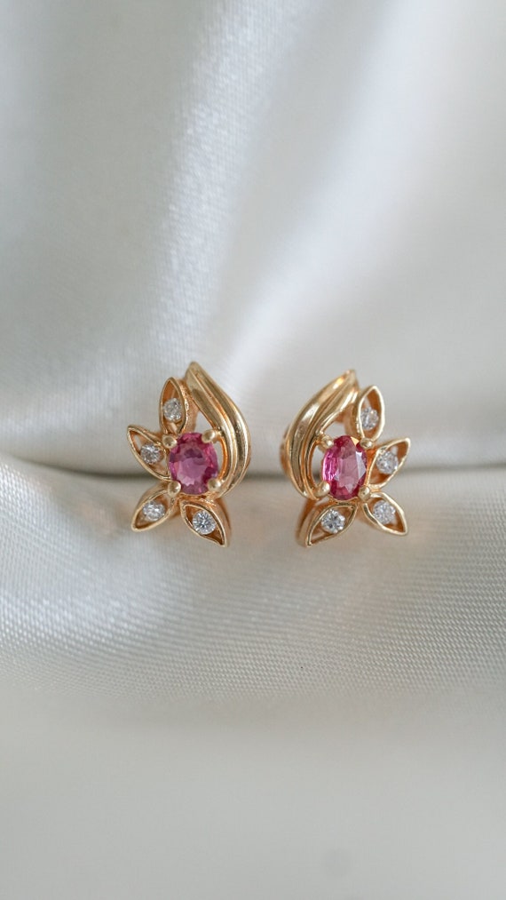 Estate Ruby and Diamond Hibiscus Stud Earrings