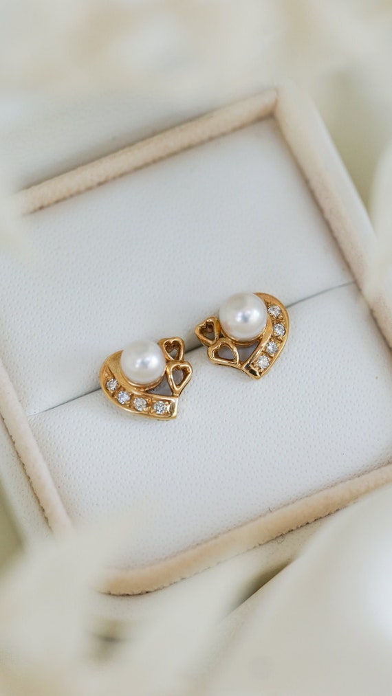 Vintage Pearl Diamond Sweetheart Stud Earrings