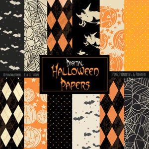 Könnte beinhalten: Ein Set mit 18 digitalen Halloween-Papieren mit verschiedenen Mustern, darunter Fledermäuse, Kürbisse, Sterne, Spinnweben und Diamantenformen. Die Papiere sind in den Farben Schwarz, Orange, Weiß und Gelb gehalten. Der Text "DIGITAL HALLOWEEN PAPERS" wird in einem schwarzen Banner angezeigt.