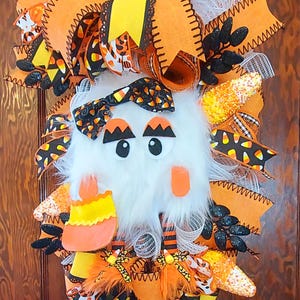 Candy Corn Halloween Swag Wreath, Funny Ghost Door Hanger, Orange Yellow Black Mesh Decor, Whimsical Halloween Front Door Swag