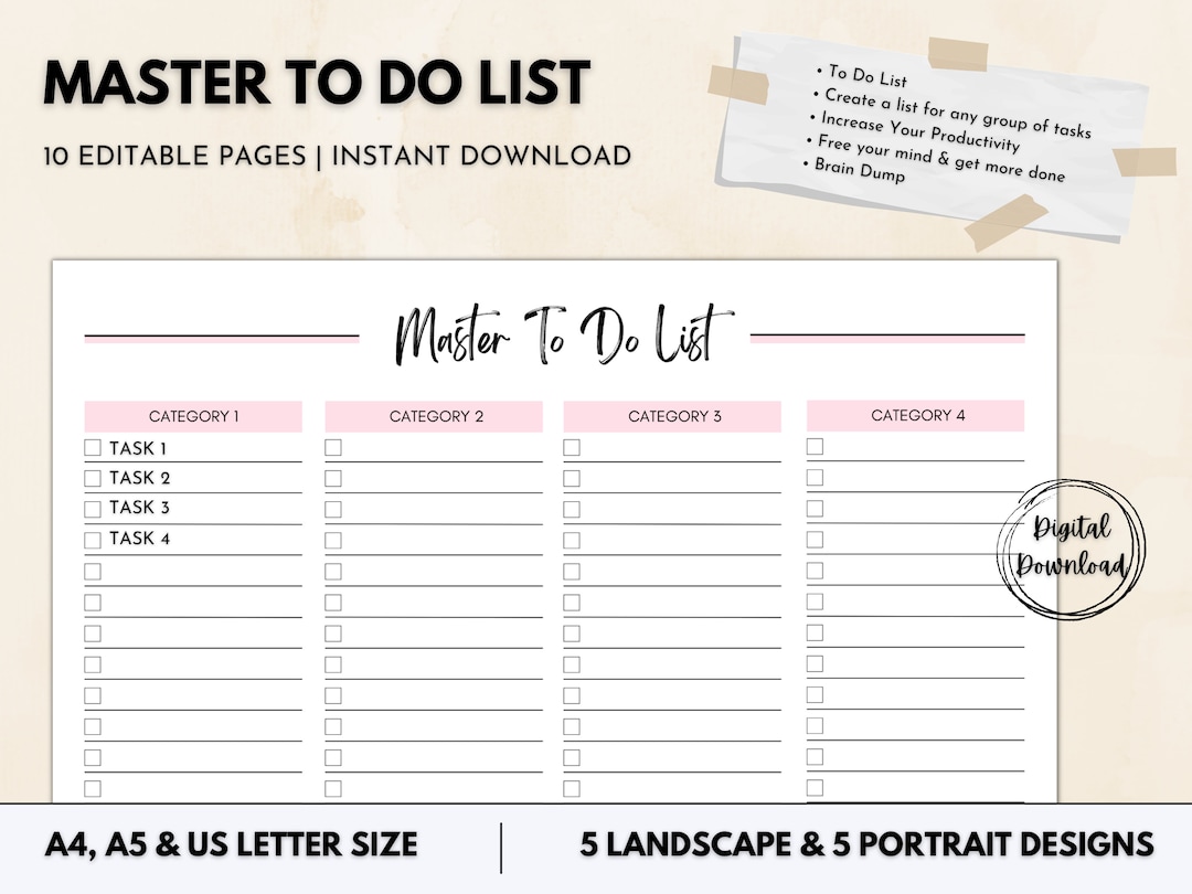 Master to Do List, Brain Dump Daily Task List, Editable Weekly Schedule