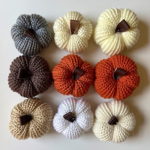 May include: Nine crocheted pumpkins in various colors, including brown, orange, white, cream, and gray. Each pumpkin has a brown stem and a crocheted texture.