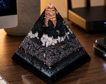 Large Shungite Orgonite Pyramid with Black Tourmaline & Quartz | Handmade Crystal Pyramid | Desk Decor | Home Office Gift