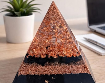 Orgonite Pyramid with Black Tourmaline, Shungite & Quartz | Copper EMF Pyramid Decor | Handmade Orgonite Pyramid | Desk Crystal Pyramid